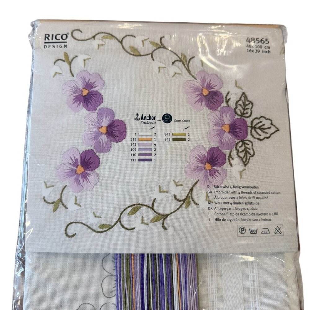 Rico Design Floral Table Runner Embroidery Kit 48565 16"x39" White Purple Cotton - Picture 7 of 7
